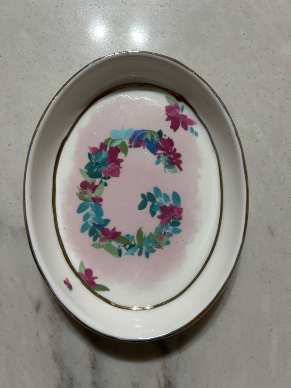 Anthropologie Floral Monogram “G” Trinket Dish – Gold Rimmed Ceramic